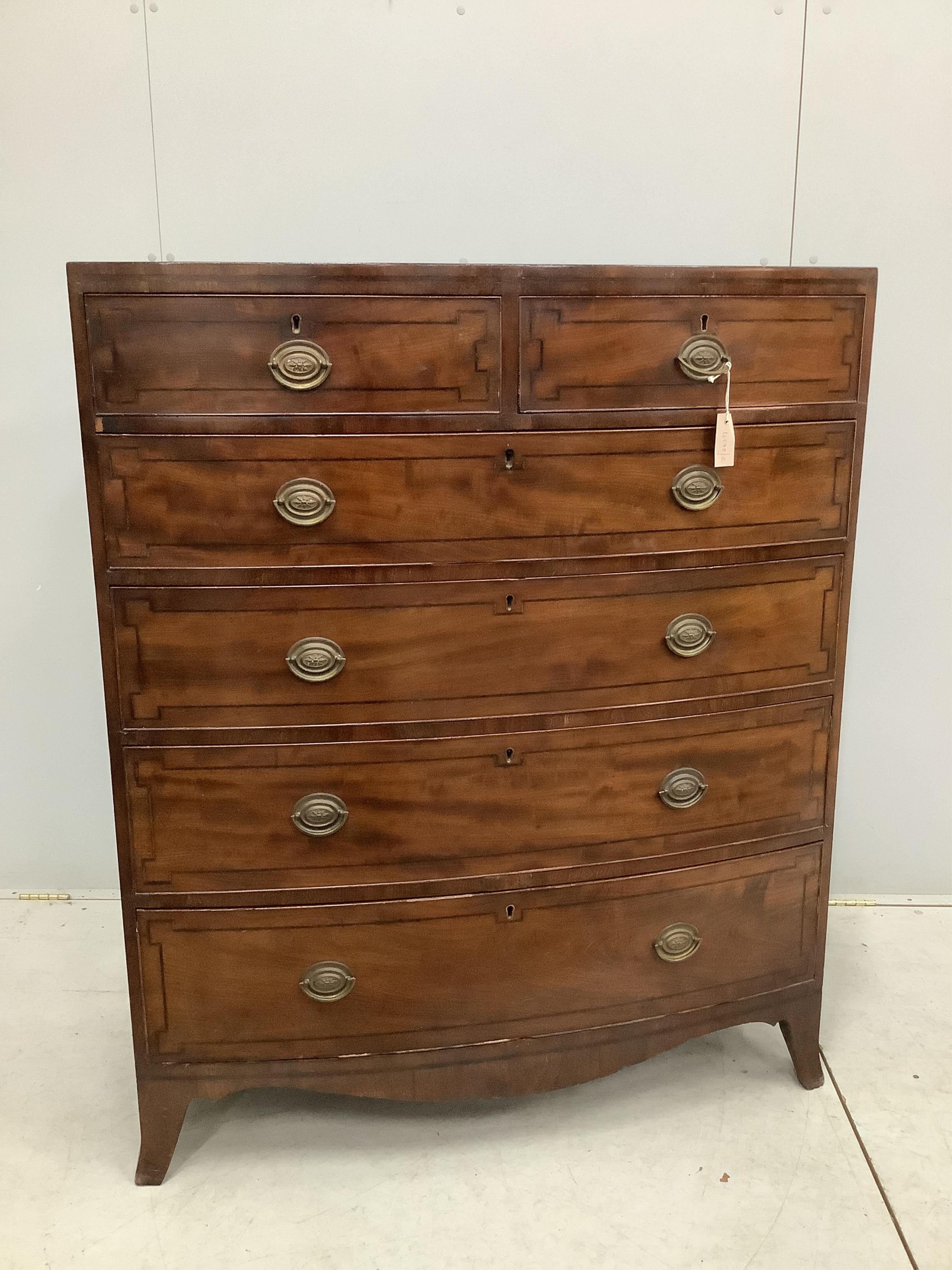 A Regency inlaid mahogany and ebony strung bowfront chest of six drawers, width 106cm, depth 52cm, height 128cm. Condition - fair